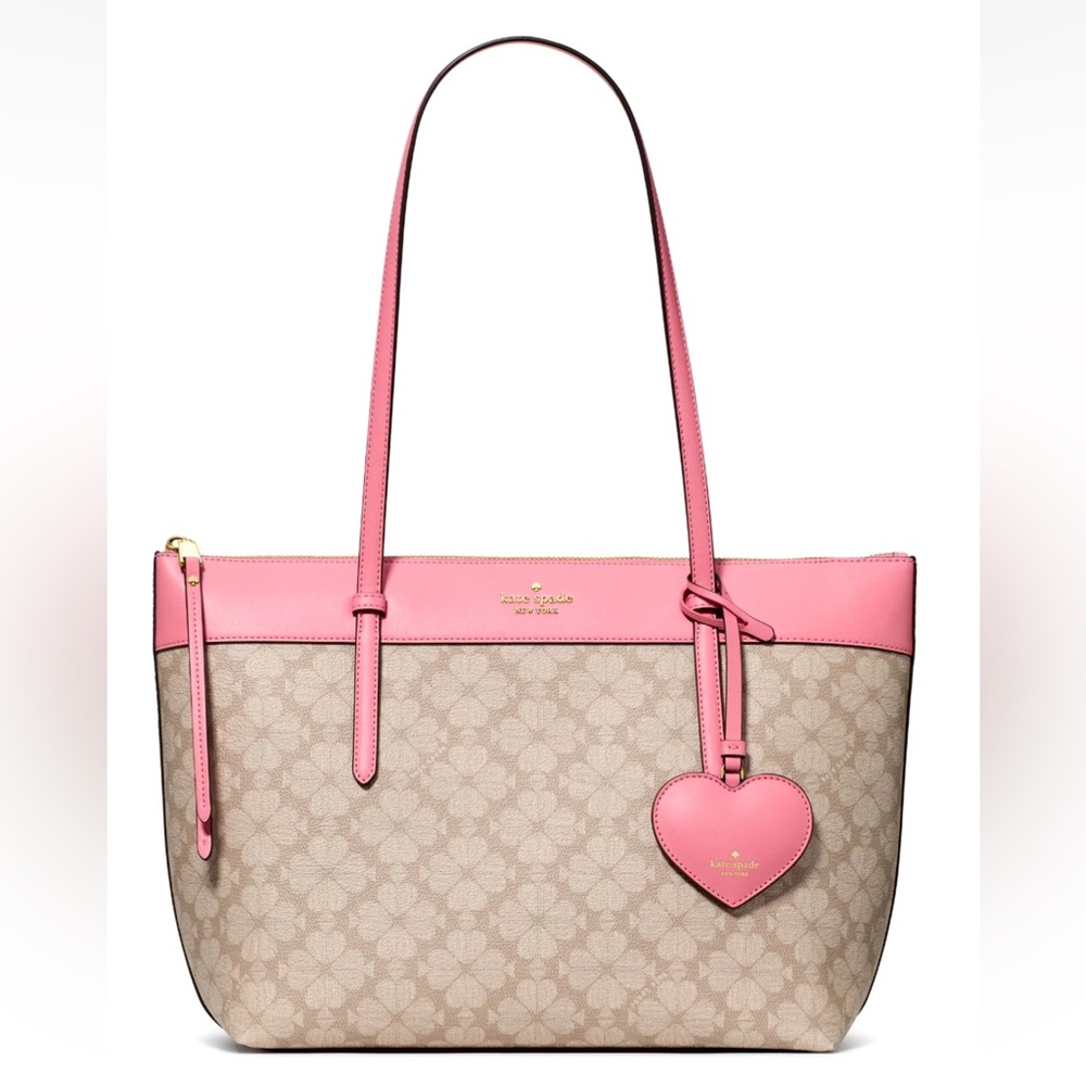 New Kate Spade All Day Spade Flower Tote Bag with Charm Dark Beige Grapefruit